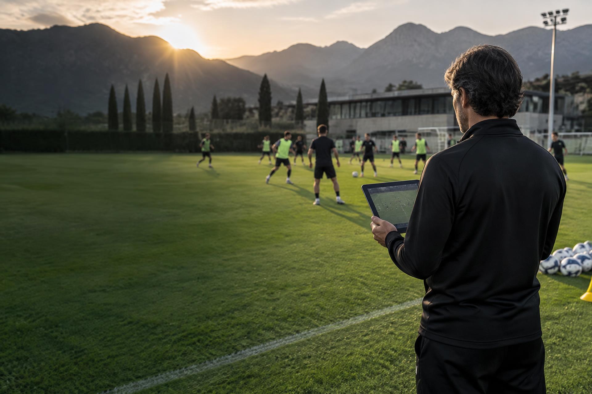 Match analyst osserva l'allenamento a bordo campo